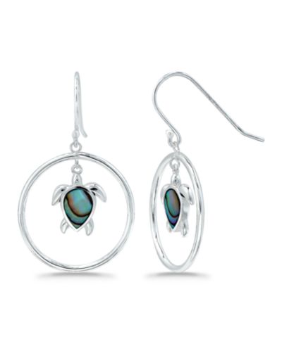 Macy's Abalone or Pink Shell Inlay Turtle Circle Fishhook Drop Earrings