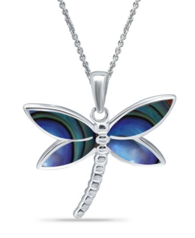 Macy's Abalone or Pink Shell Inlay Dragonfly Pendant Necklace