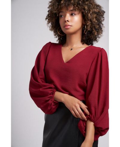Caldwell Collection Women's Salem Oversized V-Neck Front Blouse with Balloon Sleeves and Elastic cuff