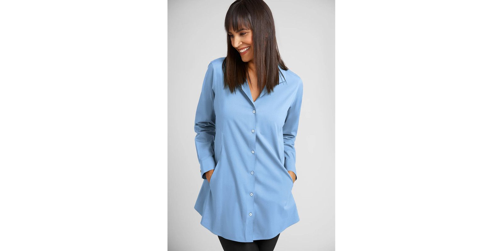 Caldwell Collection Women's Charlotte Long Button Front Peplum Low Iron Blouse with Popped Collar