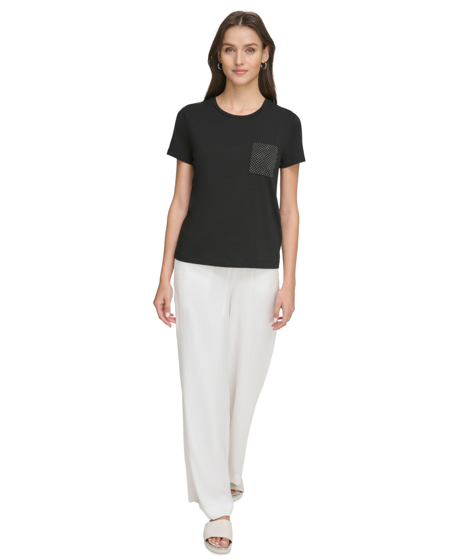 DKNY Women's Studded Pocket Short-Sleeve Shirt
