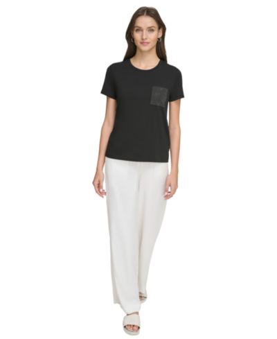 DKNY Women's Studded Pocket Short-Sleeve Shirt