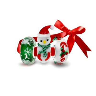 Набор рождественских шармов Bling Jewelry 4 Murano Glass Reindeer Candy Cane Snowman Snowflake,.925 Sterling Silver