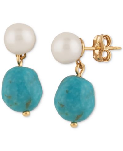 Серьги-подвески Addison Chantille Freshwater Pearl (5mm) & Turquoise в золоте 14k