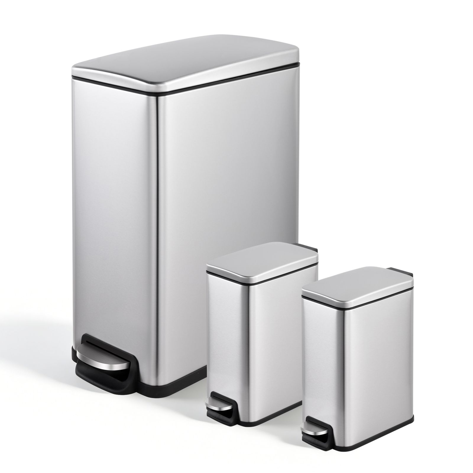 Mega Casa 11.9 Gallon/ 45 Liter + Two 1.6 Gallon/6 Liter Rectangular Step-on Trash Can Set For Bathroom and Kitchen