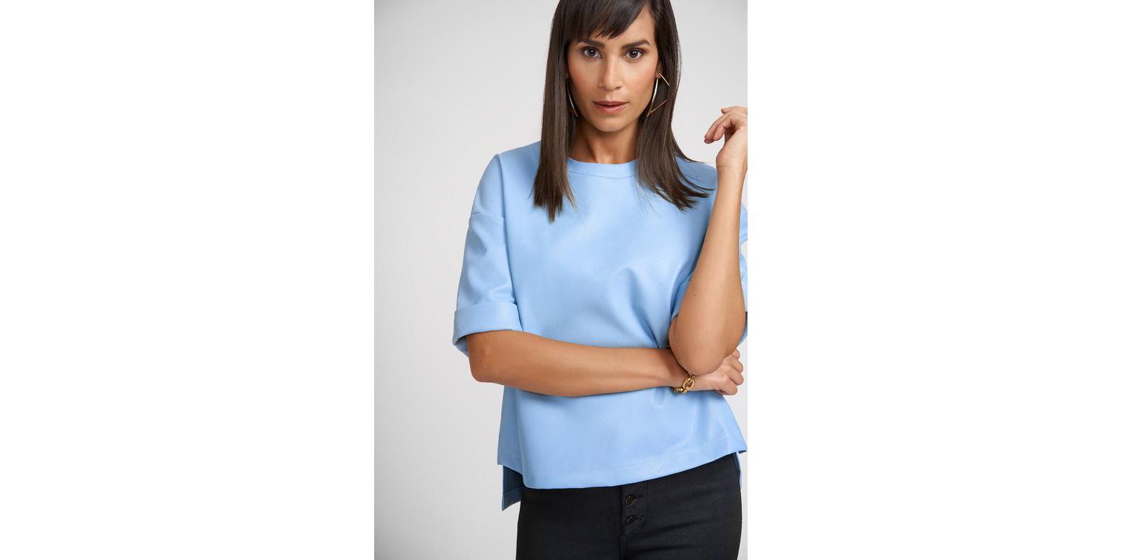 Caldwell Collection Women's Brooke Oversized Faux Leather Crew Neck Top with Back Zipper Detail