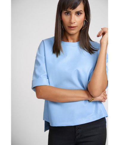 Caldwell Collection Women's Brooke Oversized Faux Leather Crew Neck Top with Back Zipper Detail