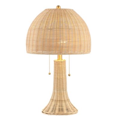 Jonathan Y  22" Bohemian Rustic Woven Rattan LED Table Lamp with Pull Chain, Dark Brown/Brass Gold