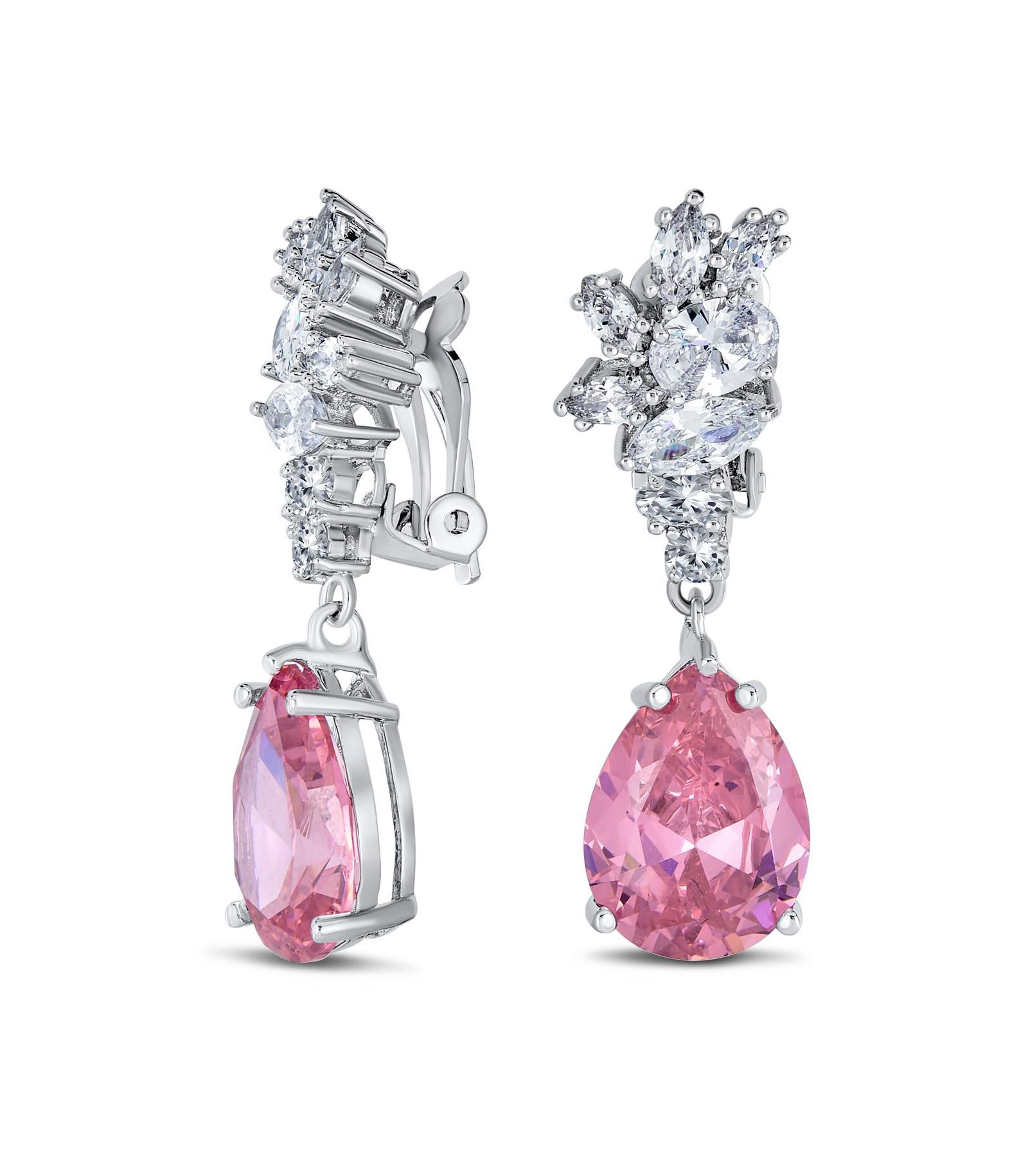 Bling Jewelry Cocktail CZ Leaf Teardrop Chandelier Clip On Earrings Silver Plated