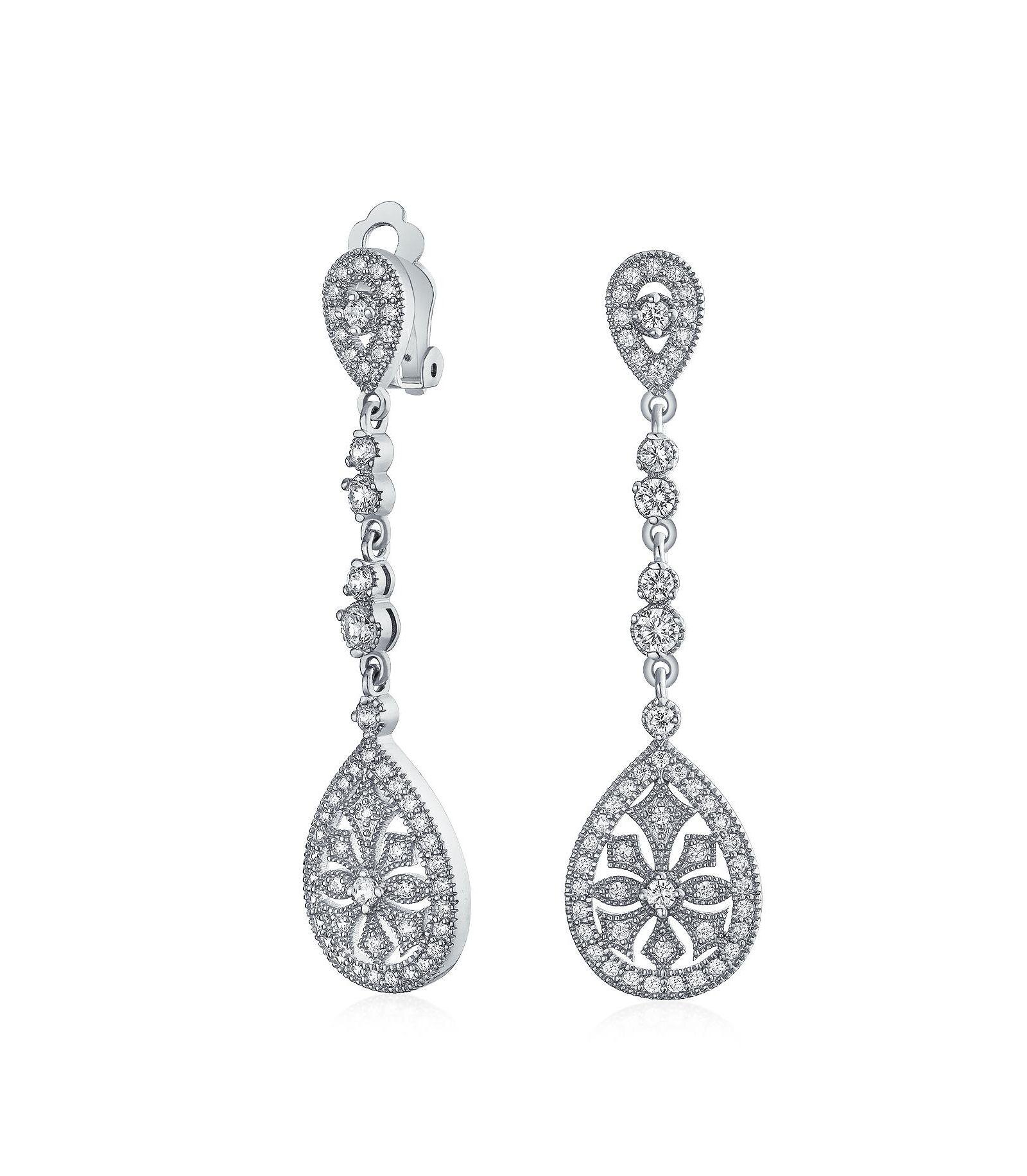 Блинг Jewelry Art Deco Style Filigree Teardrop Cubic Zirconia Chandelier Clip On Earrings