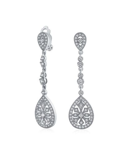 Блинг Jewelry Art Deco Style Filigree Teardrop Cubic Zirconia Chandelier Clip On Earrings