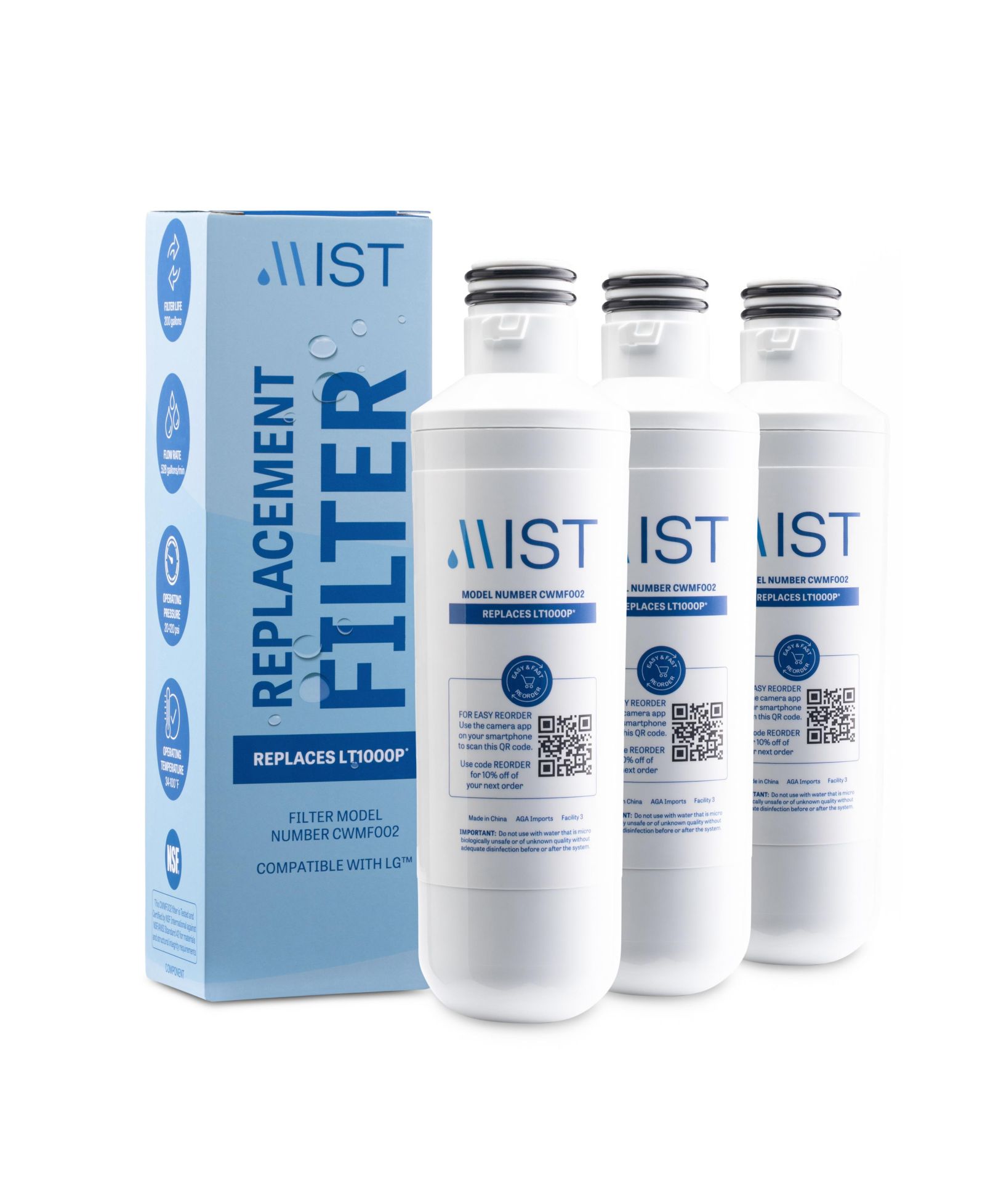 Mist Replacement Refrigerator Water Filter 3-Pack Compatible with LG LT1000P and Kenmore Models