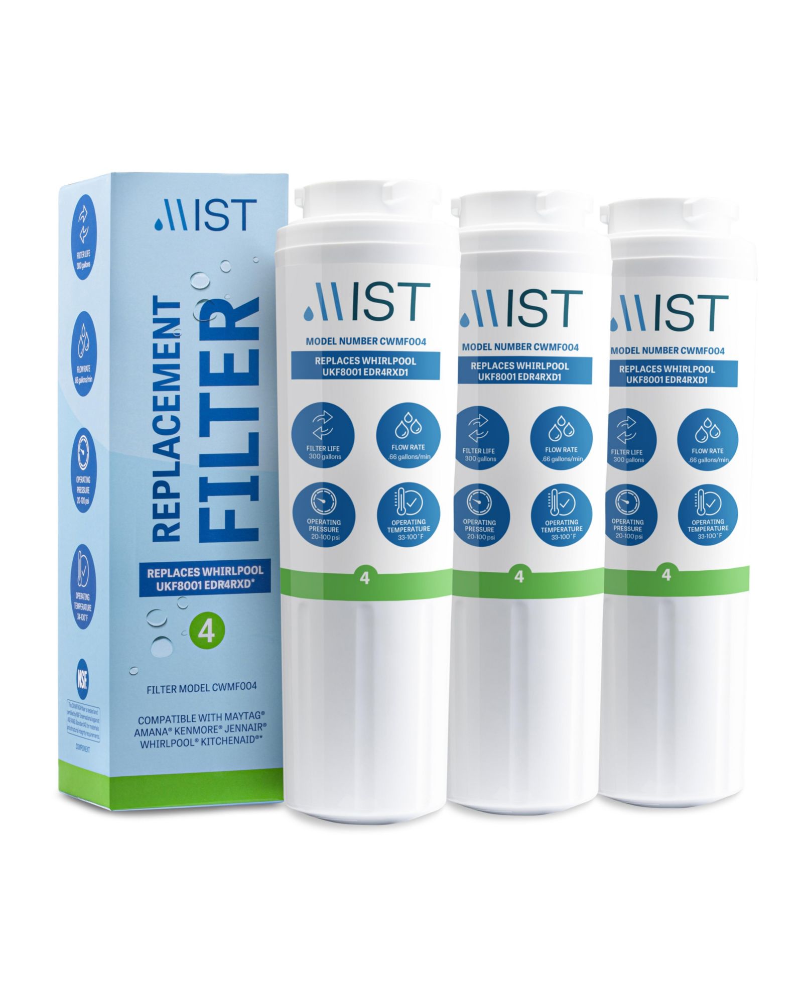 Mist Replacement Refrigerator Water Filter Pack of 3 Compatible with Maytag, Whirlpool, Kenmore
