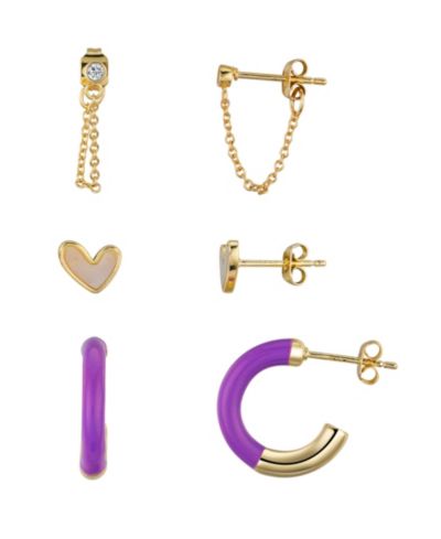 Комплект сережек Unwritten Mother of Pearl Inaly Heart Stud и фиолетовые серьги-кольца с эмалью 6-Piece Earring Set