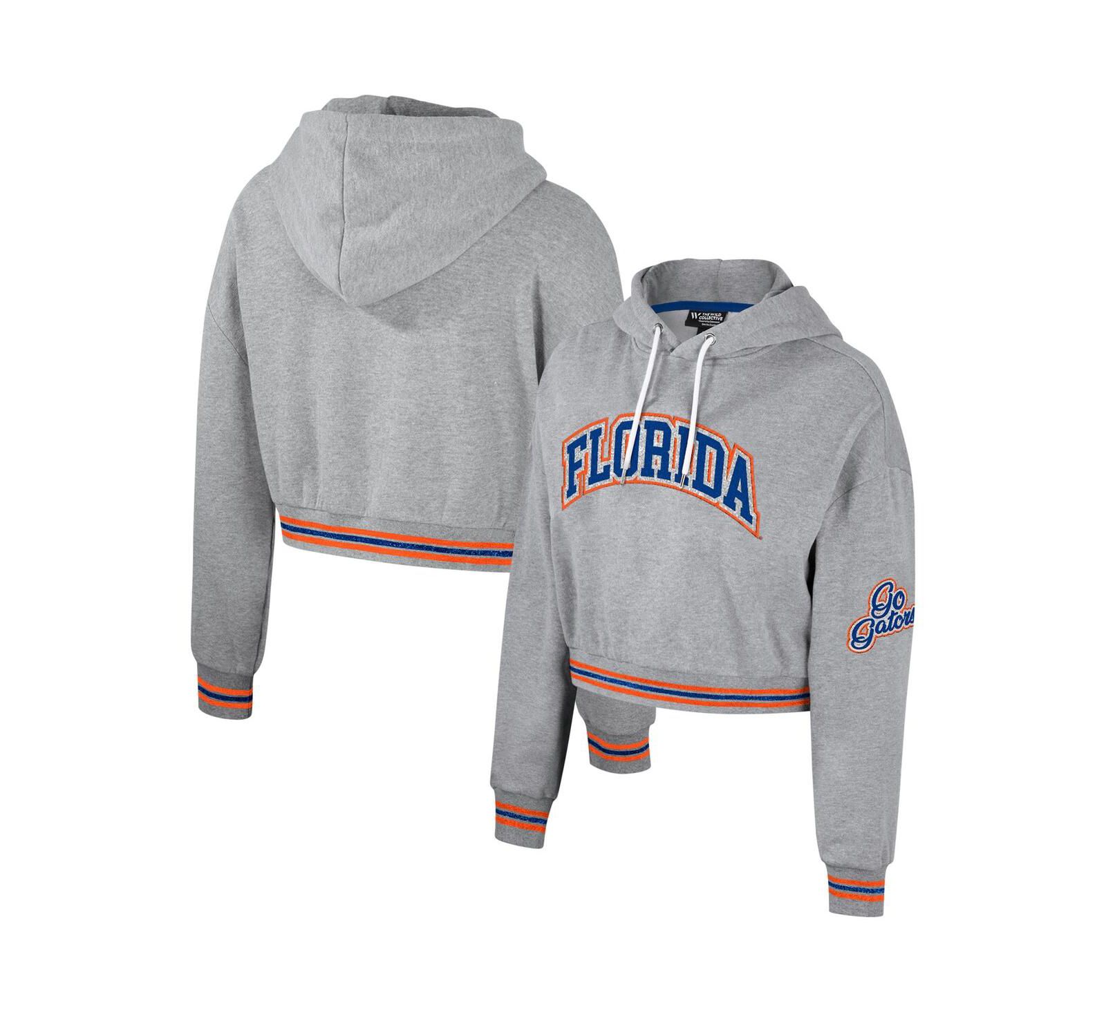 Women's The Wild Collective Heather Gray Distressed Florida Gators Cropped Shimmer Pullover Hoodie