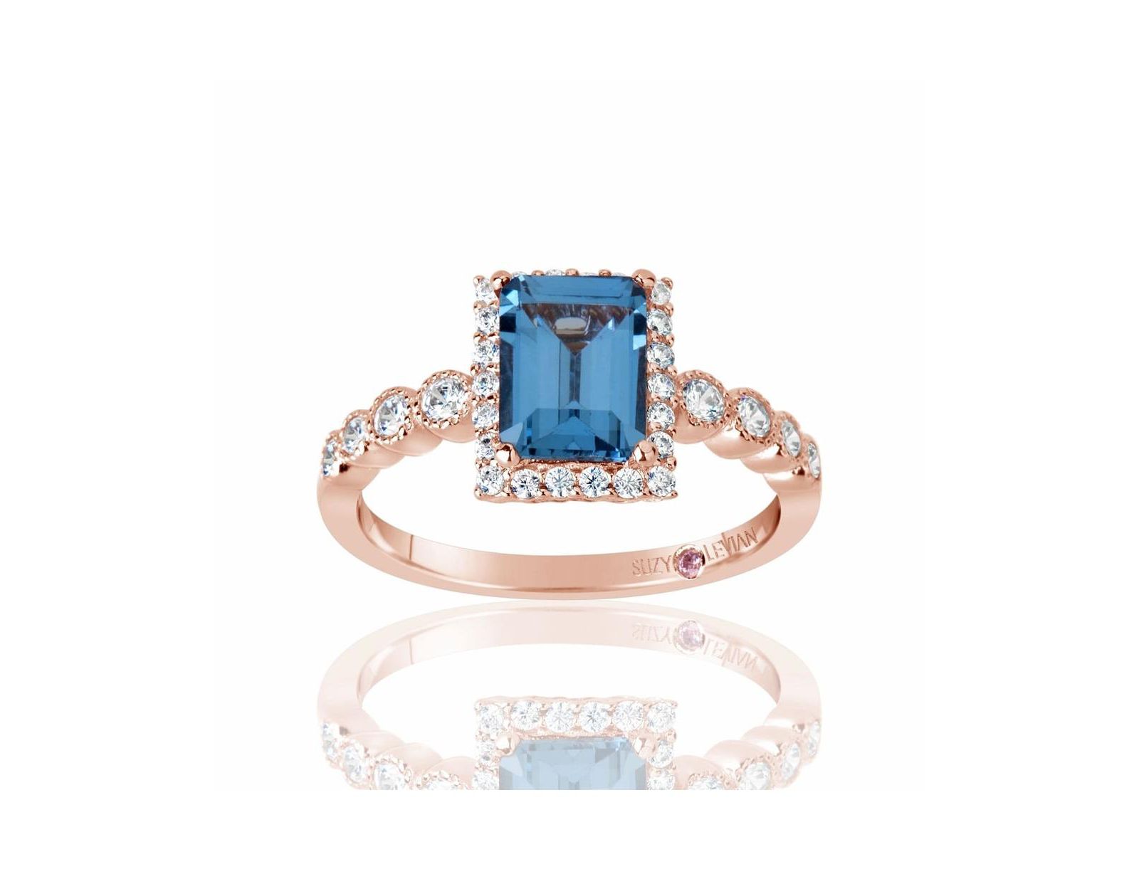 Suzy Levian Rose Sterling Silver Aqua & White Cubic Zirconia Ring