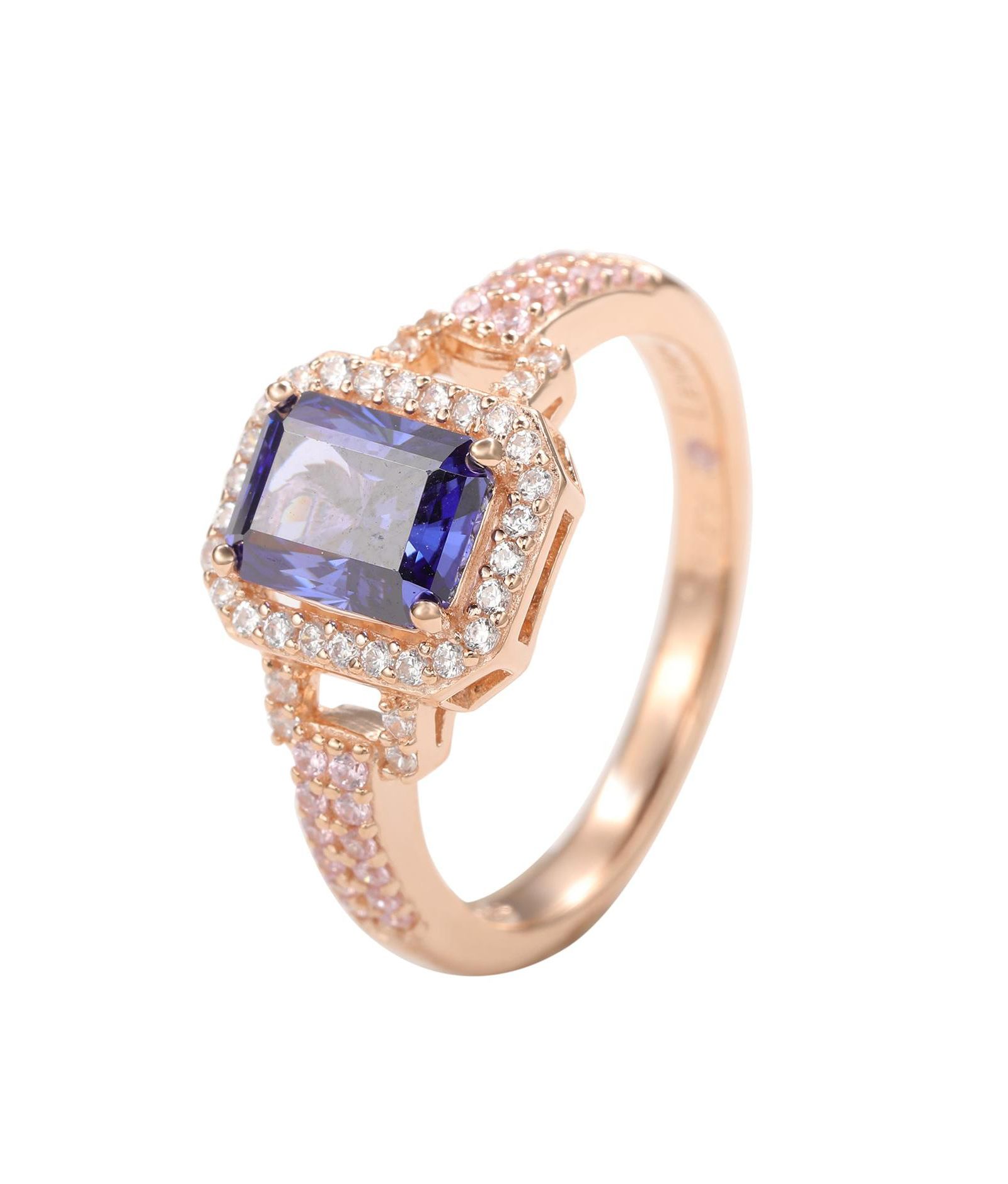 Suzy Levian Golden Sterling Emerald-Cut and Cubic Zirconia Halo Ring