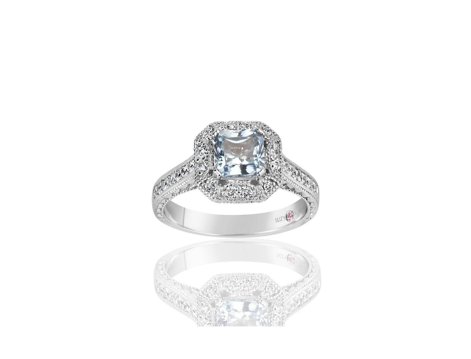 Кольцо Suzy Levian Sterling Silver Assher Cut Cubic Zirconia Aquamarine Center Stone