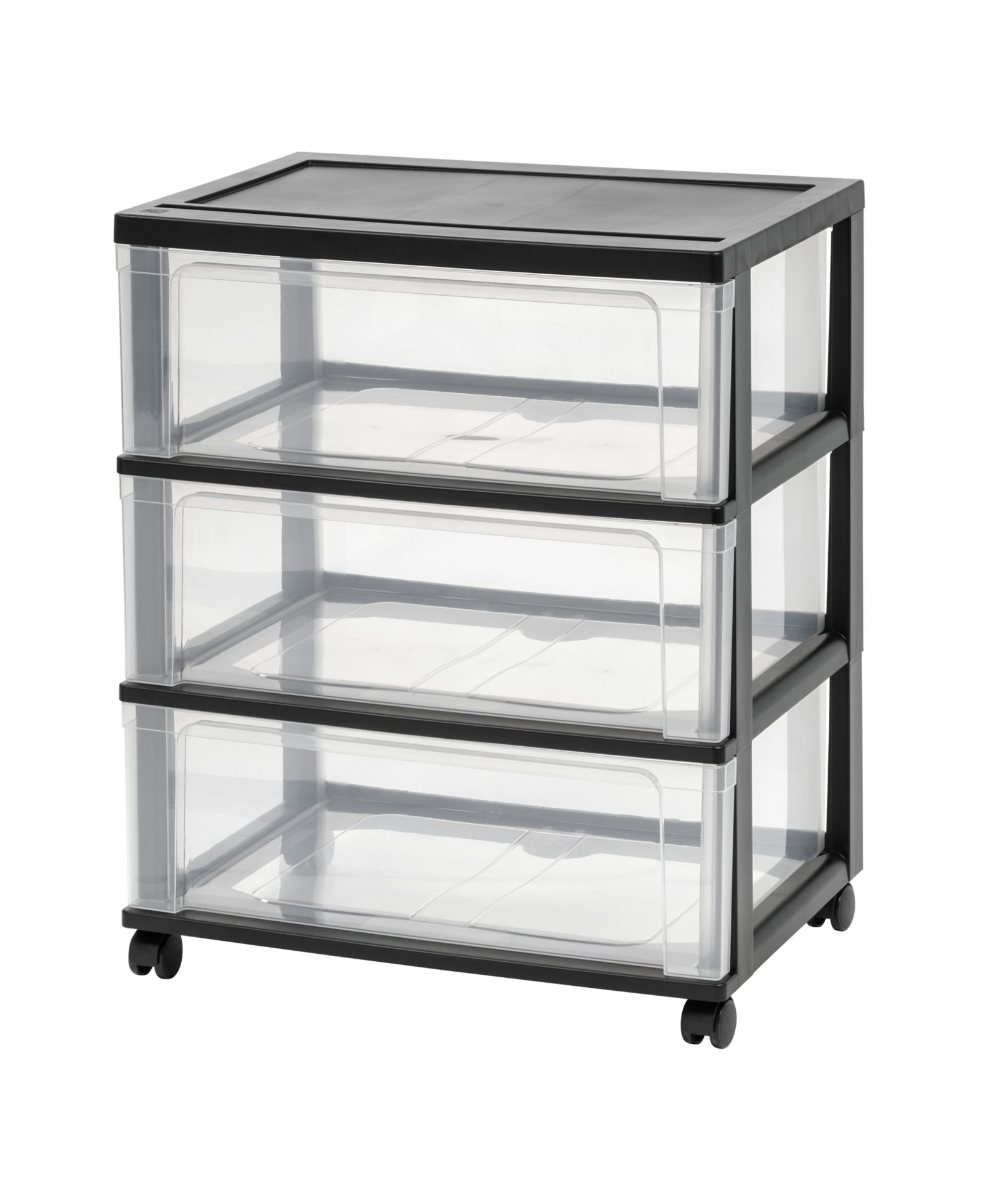 IRIS Plastic 3 Drawer Wide Storage Cart with 4 Caster Wheels, Black