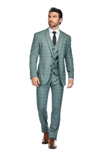 Gino Vitale Men's 3 Piece Slim Fit Green Plaid Suit