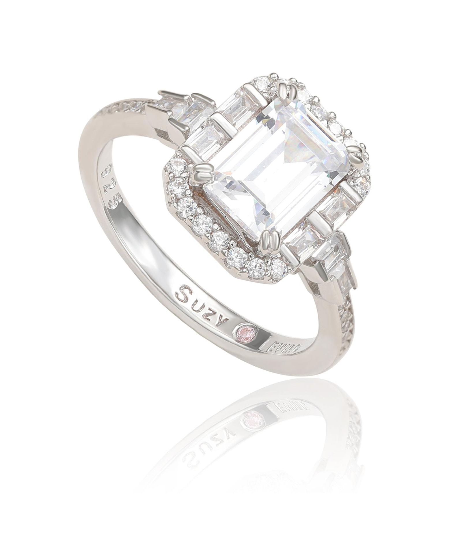 Suzy Levian Sterling Silver Emerald Cut Cubic Zirconia Multi-Cut Center Stone Ring