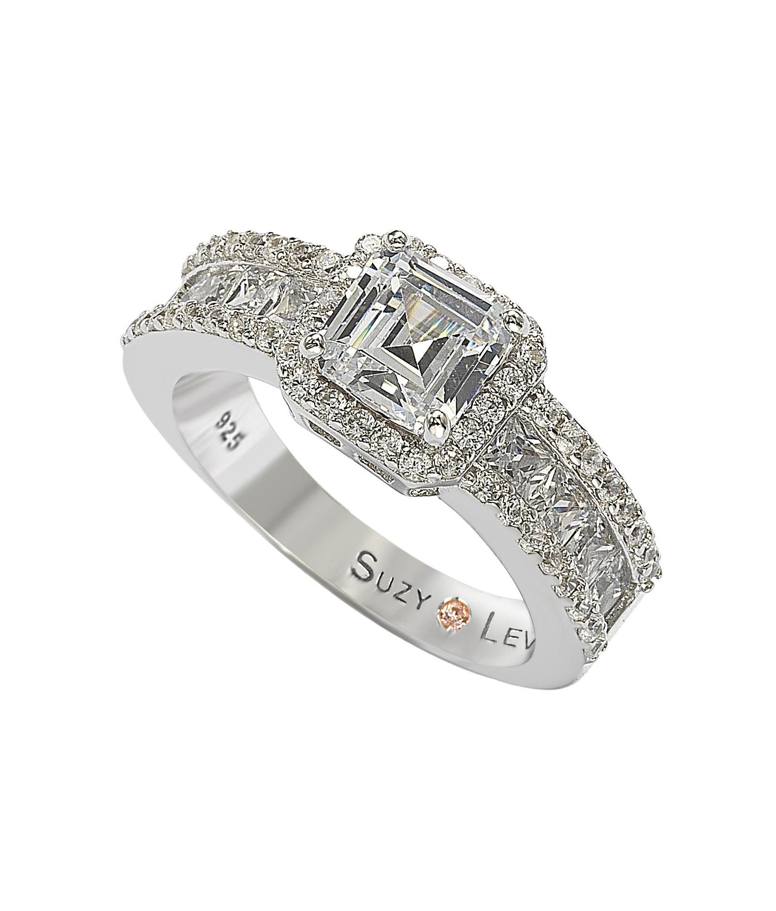 Suzy Levian Sterling Silver Cubic Zirconia Asscher Cut Brown Center Stone Ring