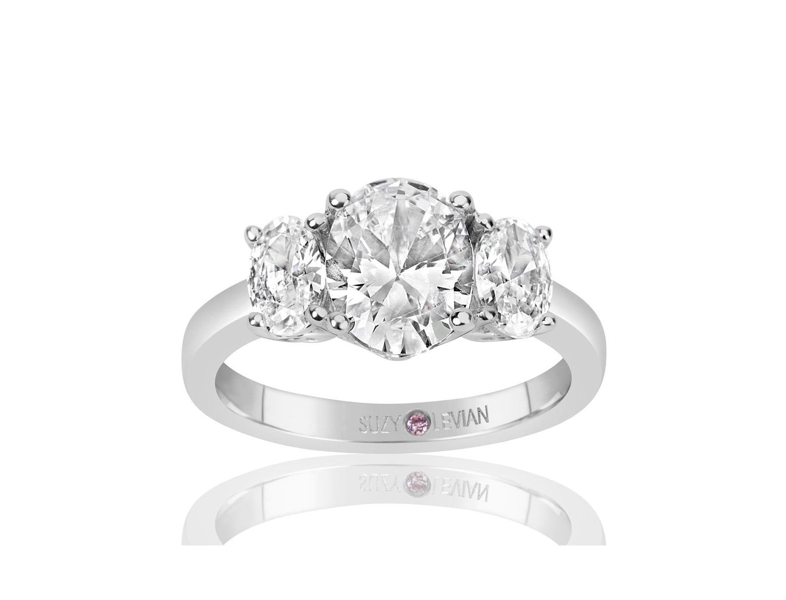 Suzy Levian Sterling Silver White Oval Cut Cubic Zirconia 3-Stone Center Stone Ring