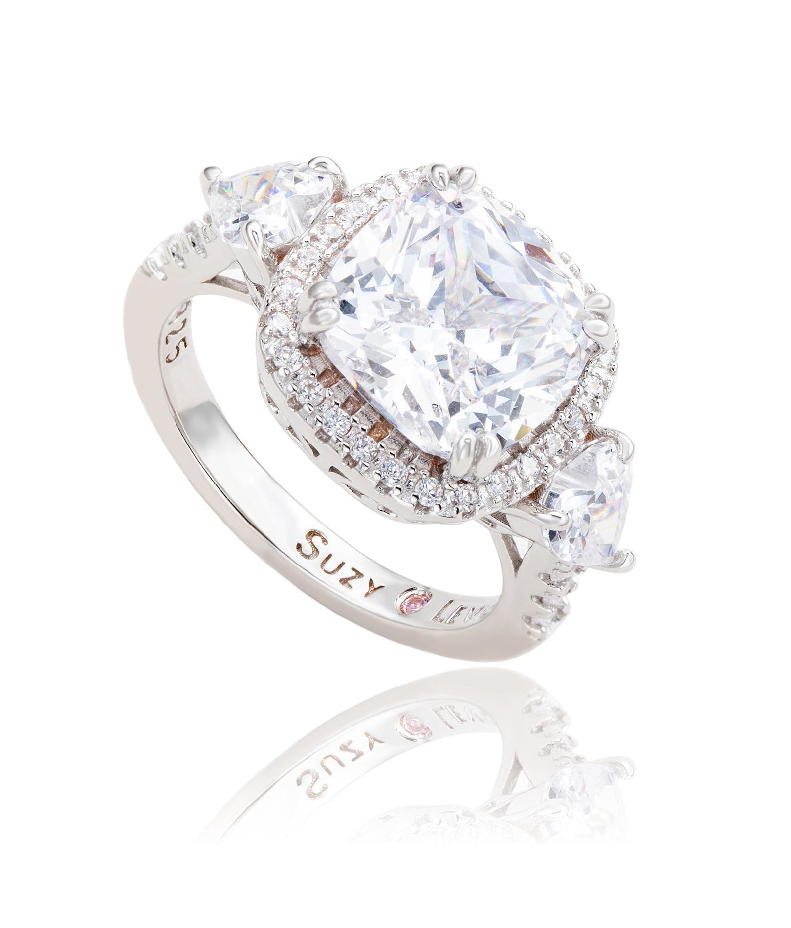 Suzy Levian Sterling Silver Cushion Cut White Cubic Zirconia Halo Bridal Ring