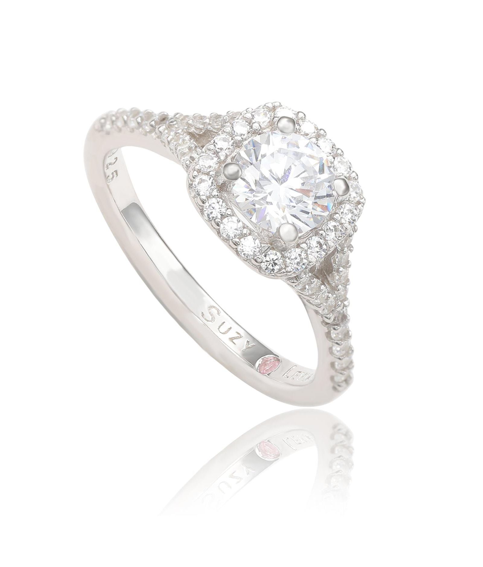 Suzy Levian Sterling Silver White Round Cut Cubic Zirconia Halo Ring