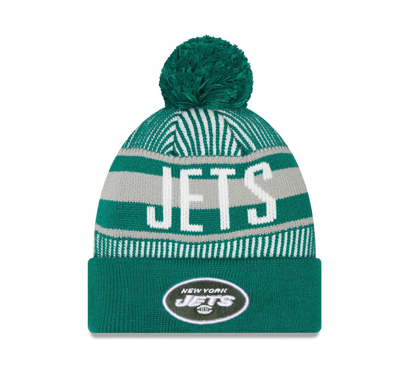 Men's New Era Green New York Jets Striped Cuffed Knit Hat with Pom