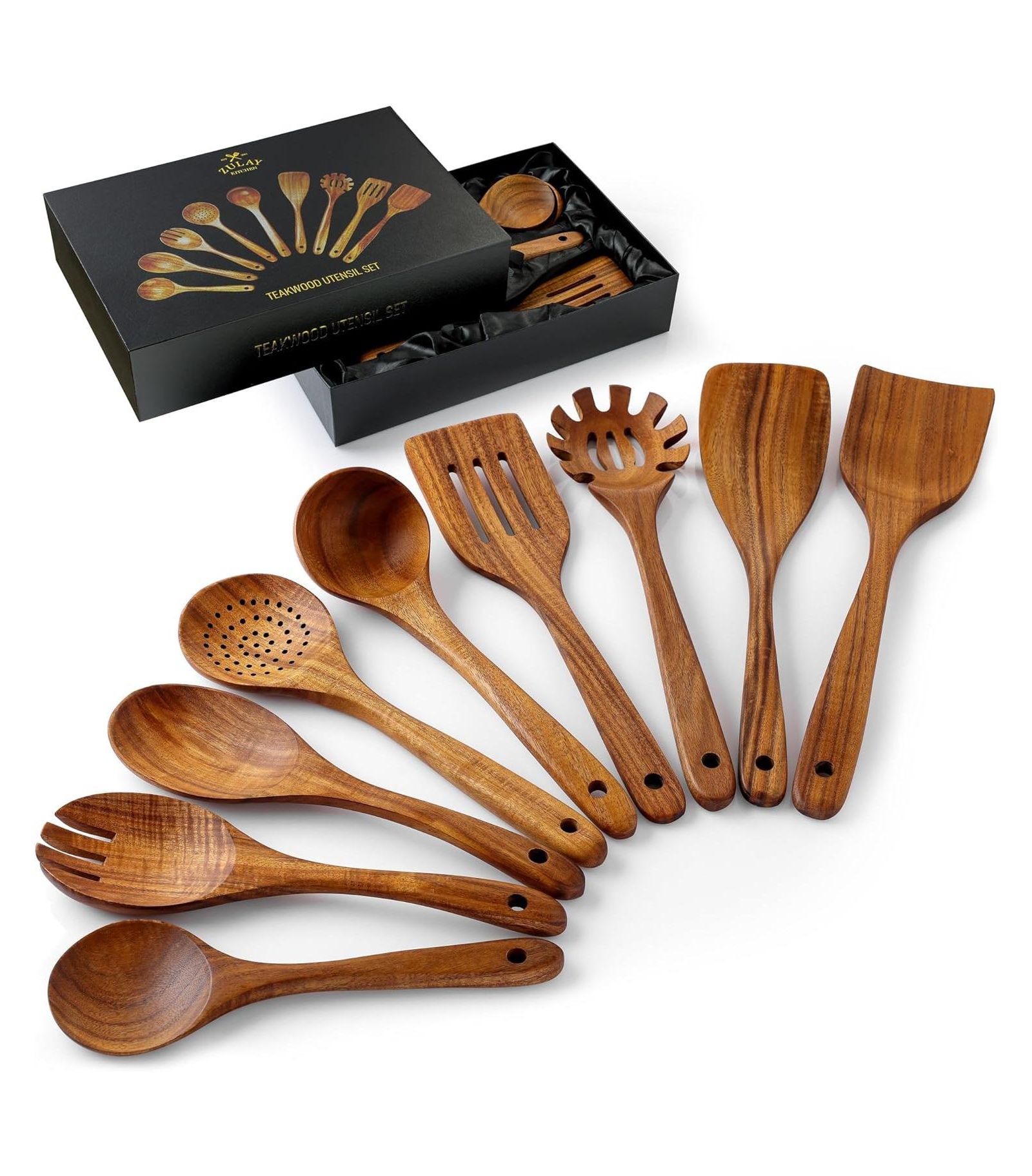 9-Piece Teak Wooden Utensils for Cooking with Premium Gift Box