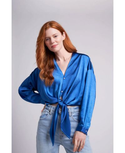 Женская блузка Caldwell Collection Emma Oversized Crinkled Satin Button and Tie Front Cropped