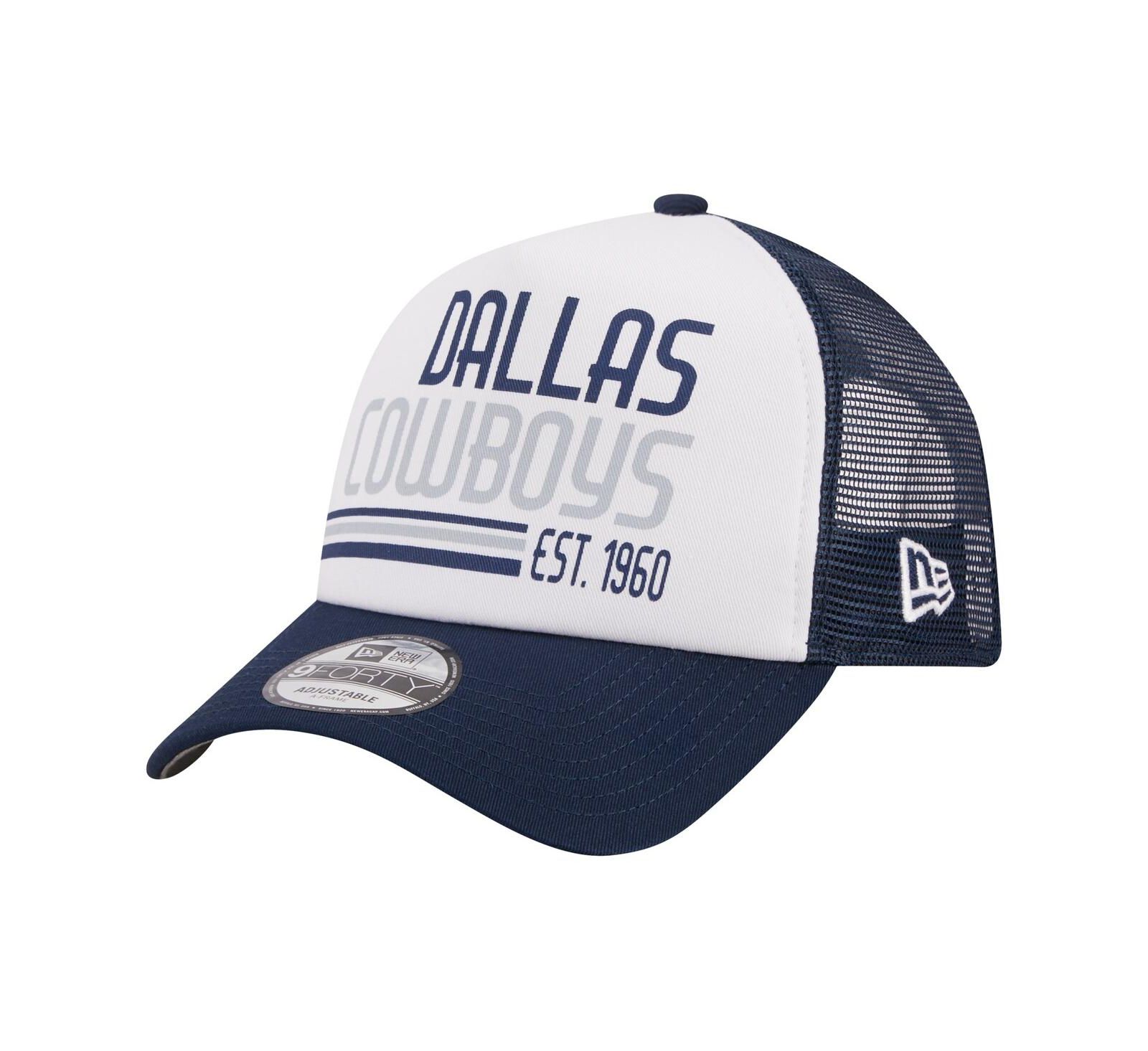 Мужская кепка New Era White, Navy Dallas Cowboys Stacked A-Frame Trucker 9FORTY регулируемая