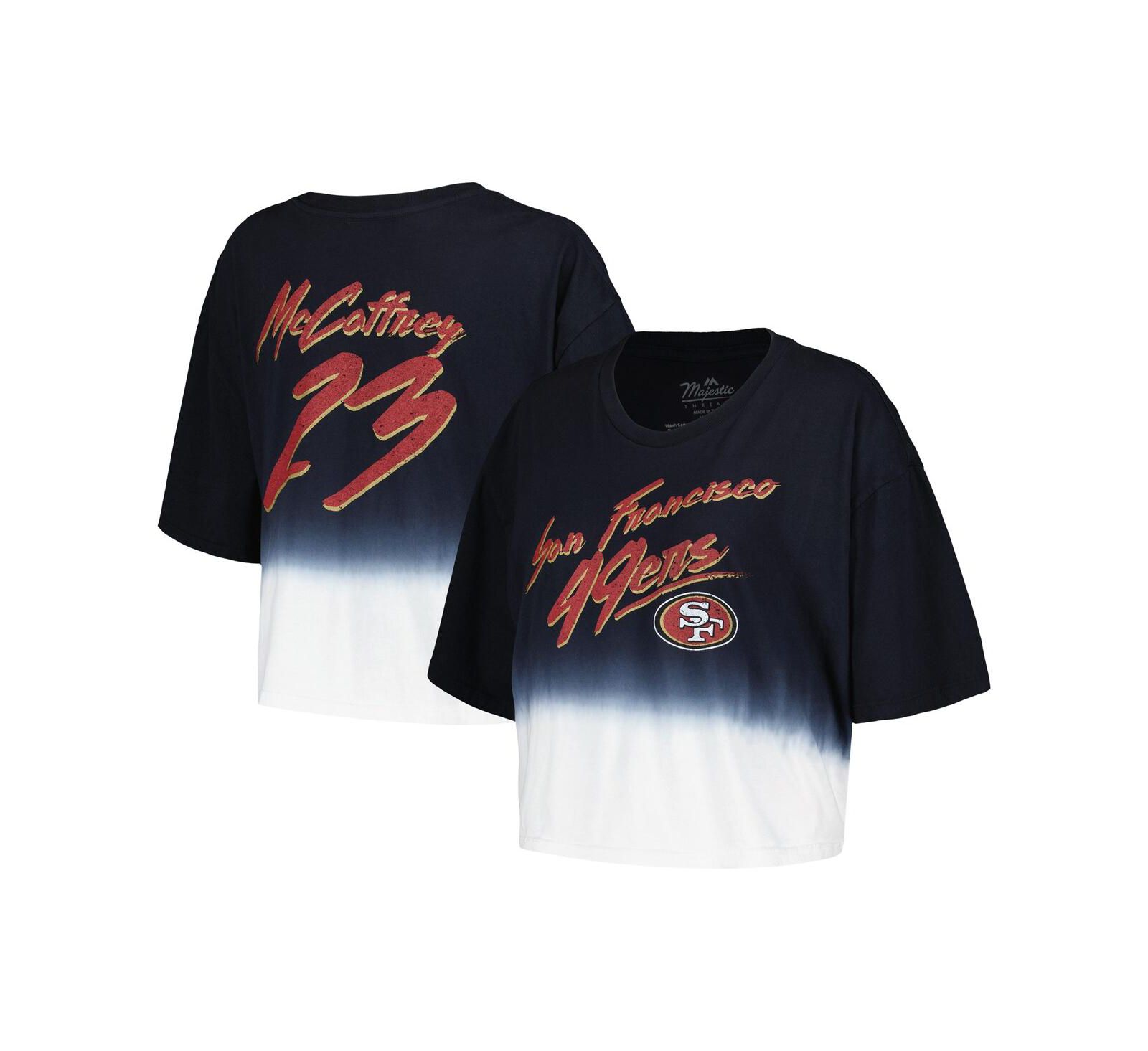 Женский кроп-топ Majestic Threads Christian McCaffrey Black White Distressed San Francisco 49ers Dip-Dye Player Name and Number