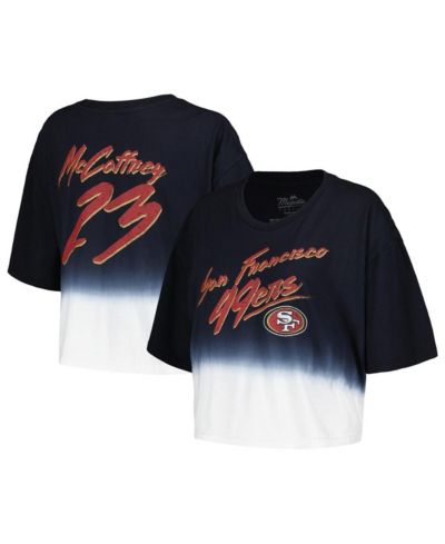 Женский кроп-топ Majestic Threads Christian McCaffrey Black White Distressed San Francisco 49ers Dip-Dye Player Name and Number