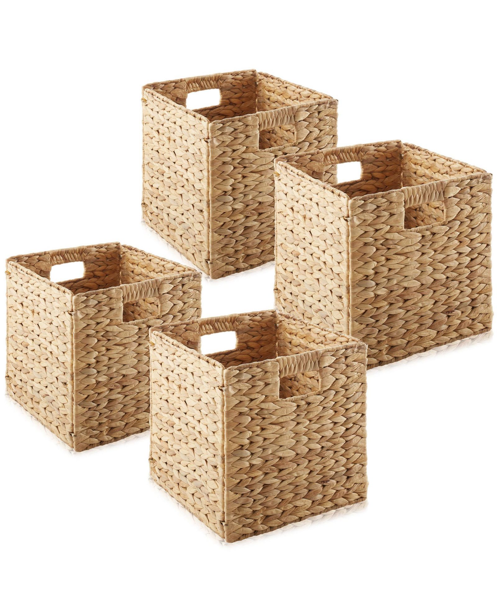 Casafield 10.5" x 10.5" Water Hyacinth Storage Baskets, Natural-Set of 4 Collapsible Cubes, Woven Bin Organizers for Bathroom, Bedroom, Laundry