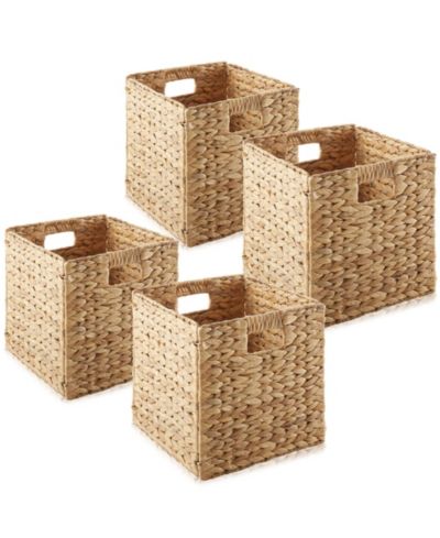 Casafield 10.5" x 10.5" Water Hyacinth Storage Baskets, Natural-Set of 4 Collapsible Cubes, Woven Bin Organizers for Bathroom, Bedroom, Laundry