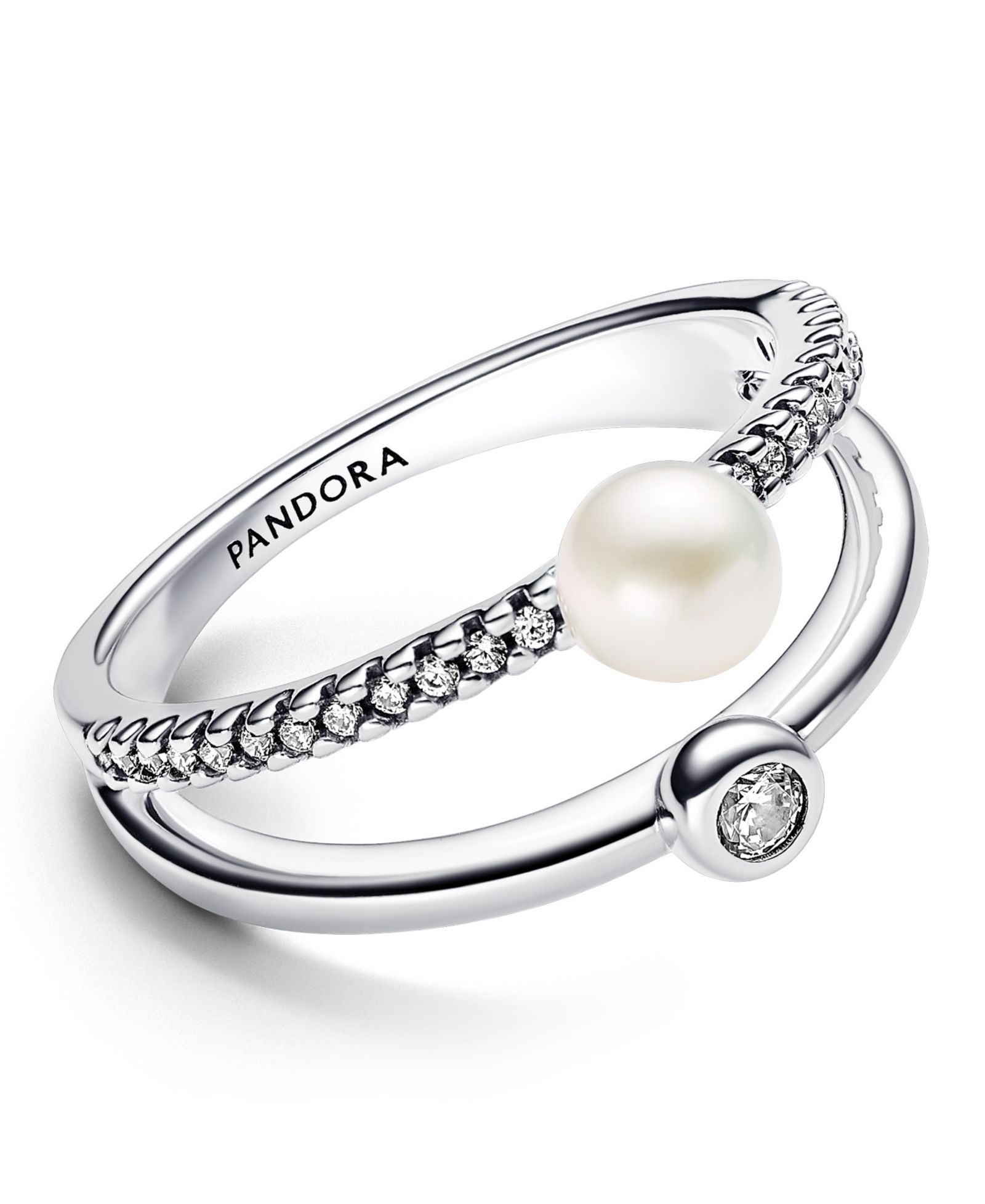 Pandora Sterling Silver Timeless Treated Freshwater Cultured Pearl Pave Double Band Ring