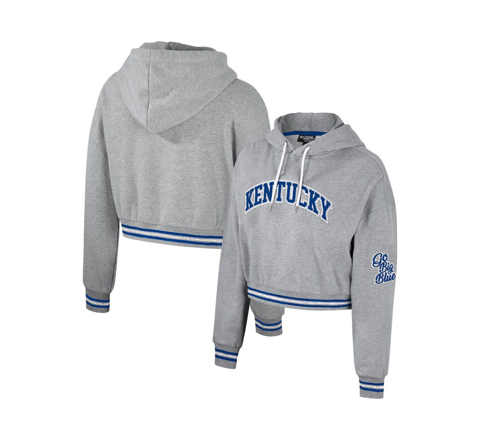 Women's The Wild Collective Heather Gray Distressed Kentucky Wildcats Cropped Shimmer Pullover Hoodie