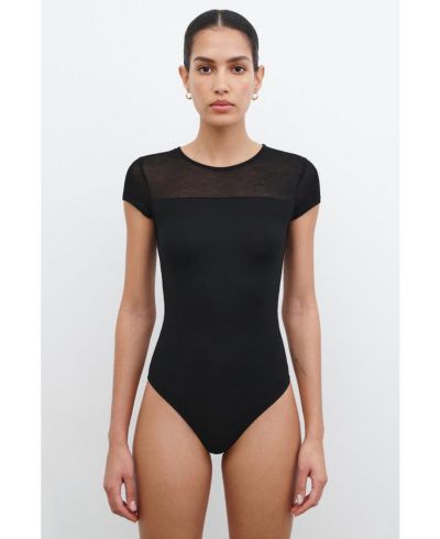 Marcella Women's Dara Short-Sleeve Fitted Jersey Bodysuit with Sheer Neckline