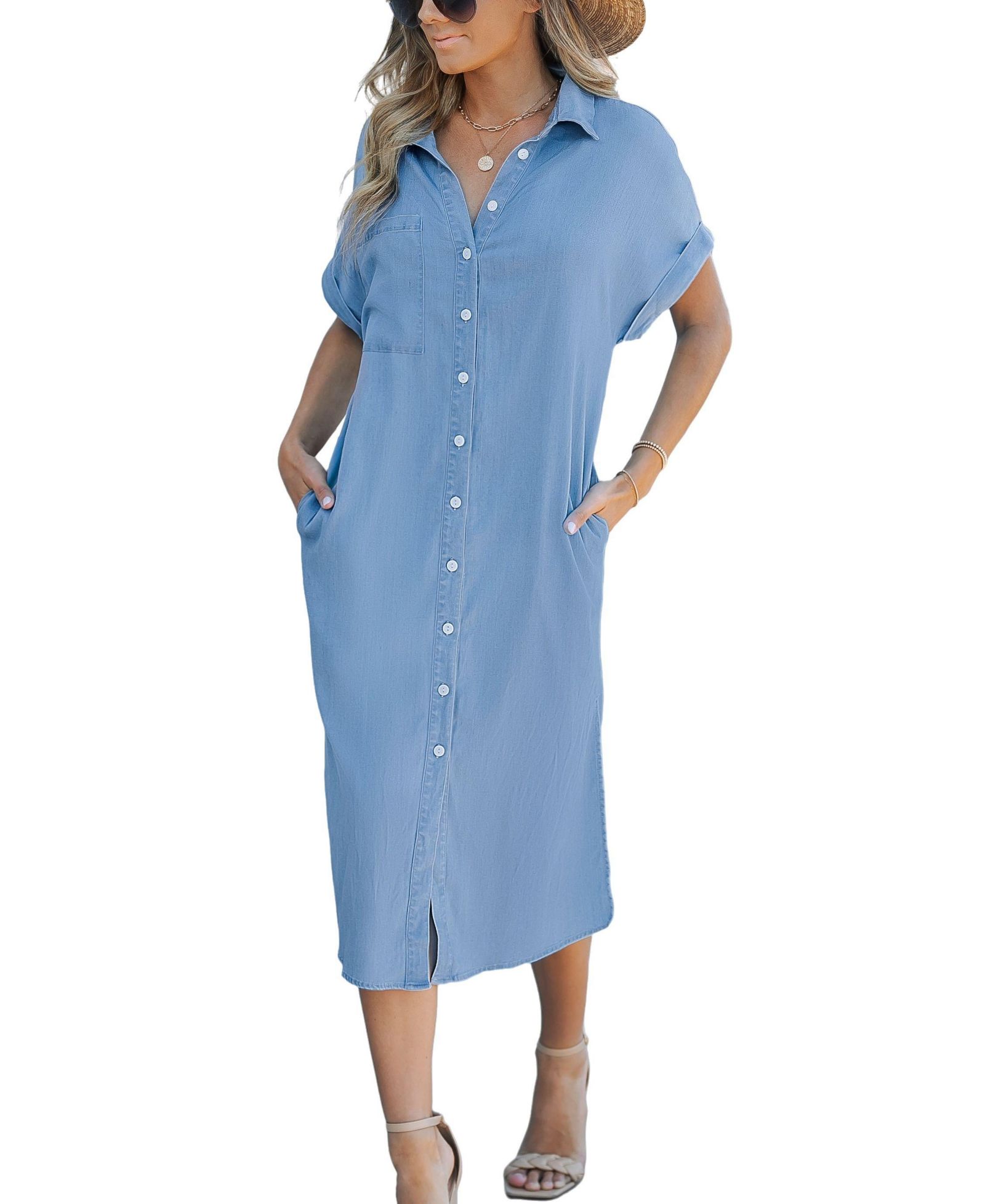 Cupshe Women's Denim Short Sleeve Button Down Cover Up Dress