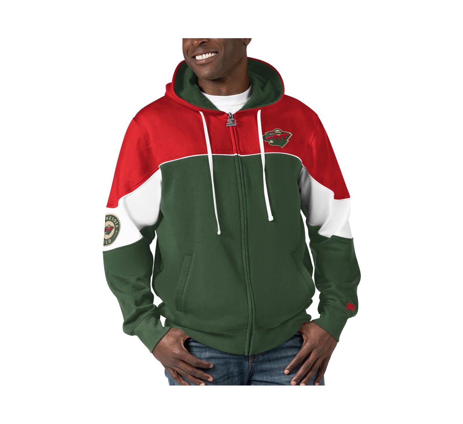 Men's Starter Green, Red Minnesota Wild Power Forward Full-Zip Hoodie