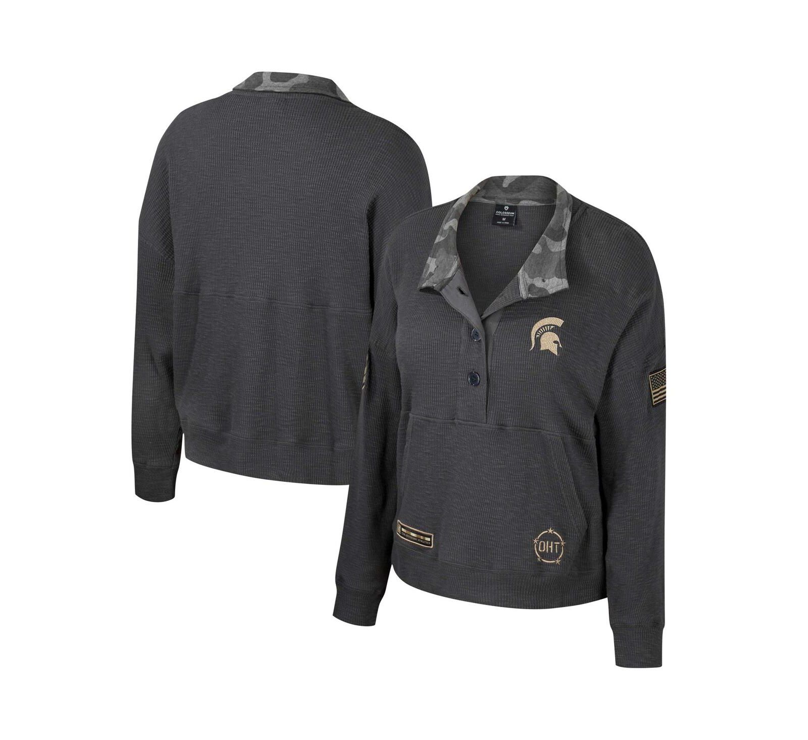 Женский Colosseum Heather Charcoal Michigan State Spartans OHT Military-Inspired Appreciation Payback Henley Thermal Sweatshirt