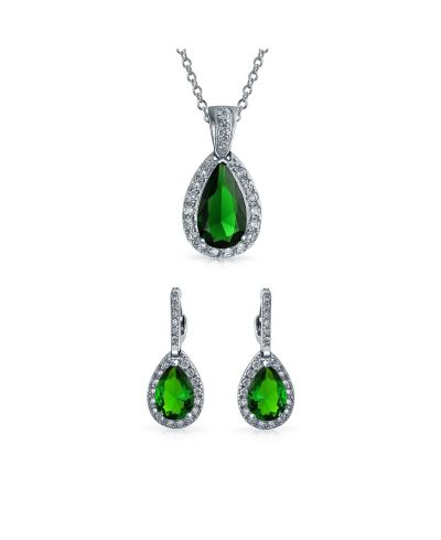 Bling Jewelry Classic Red CZ Solitaire Teardrop Pendant Necklace Earrings Jewelry Set