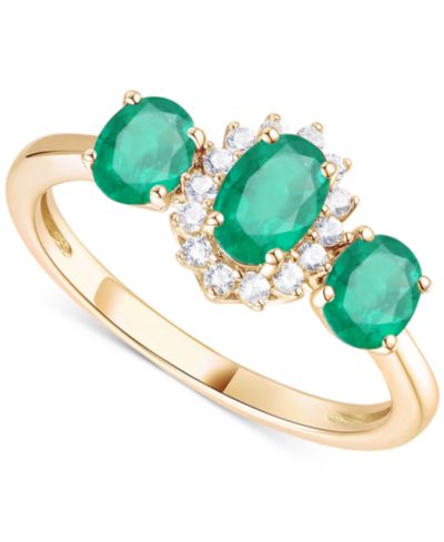 Тройное кольцо с изумрудом (1-1/8 ct. t.w.) и бриллиантом (1/8 ct. t.w.) в овале Halo из 14k золота