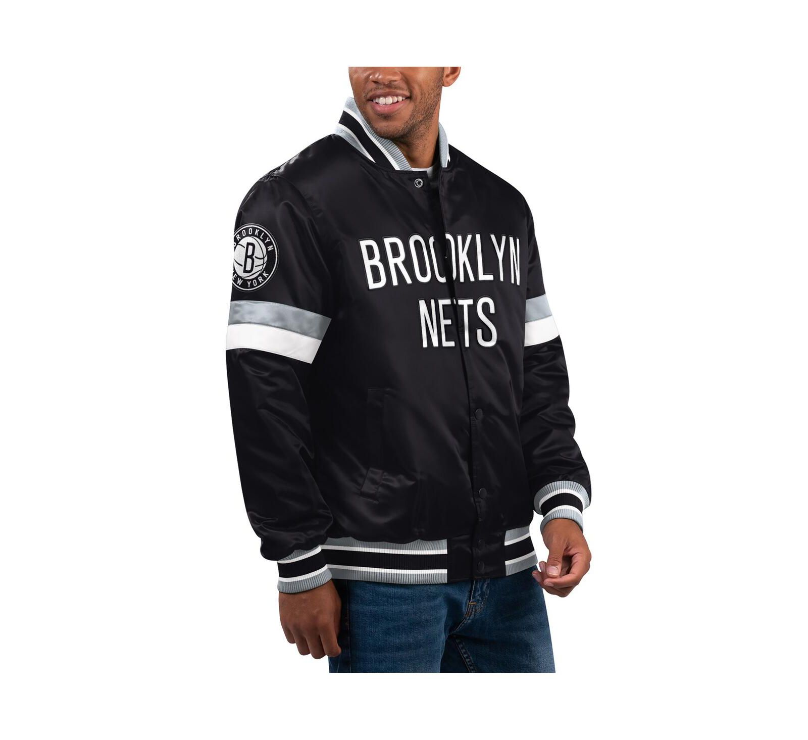 Starter Мужская университетская куртка Brooklyn Nets, атласная, на кнопках, черная