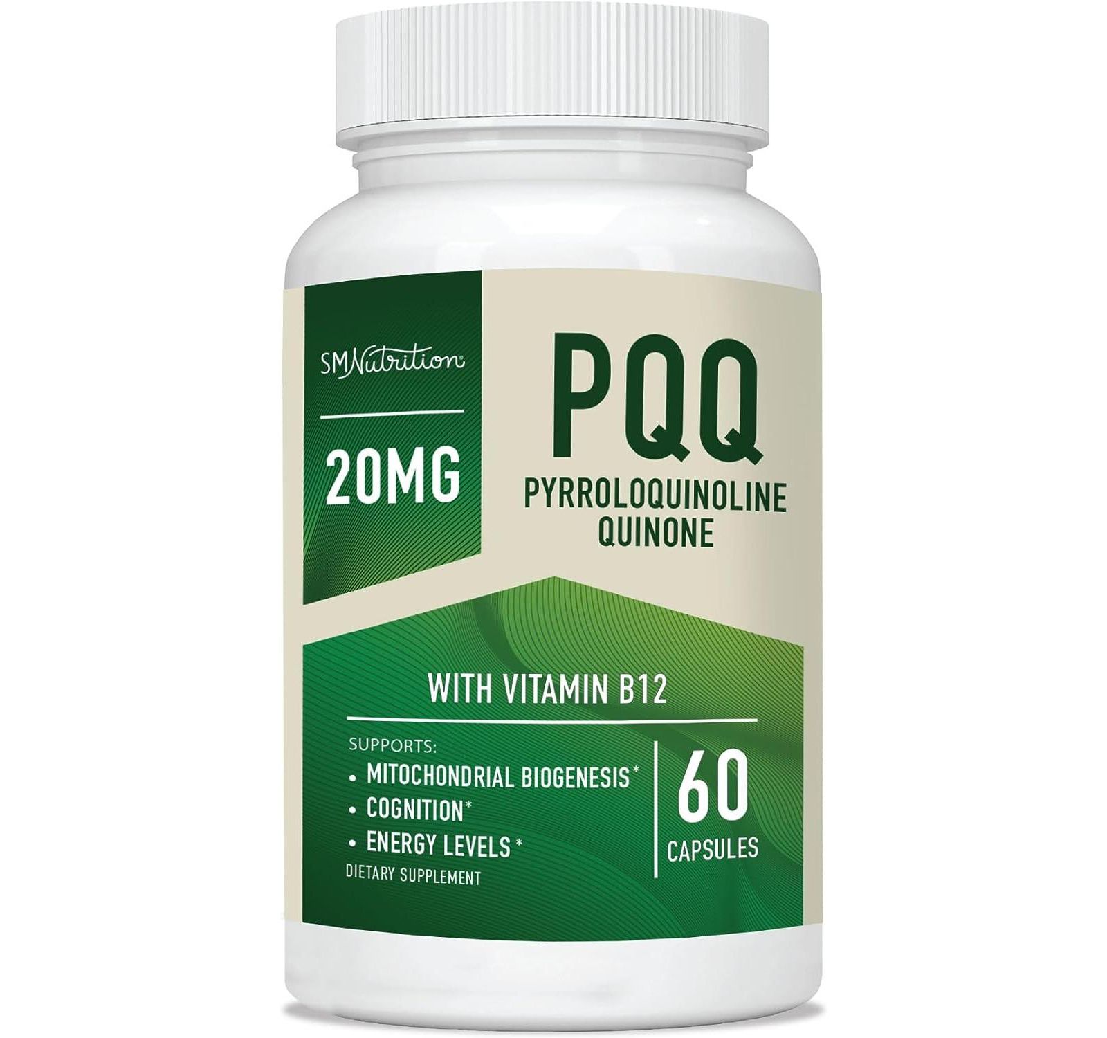 SMNutrition PQQ добавка 20mg | Оптимизатор митохондриального биогенеза и энергии с CoQ10 и витамином B12 | Поддержка здоровья мозга | Ultra PQQ Formula | Gluten-Free | 60 капсул