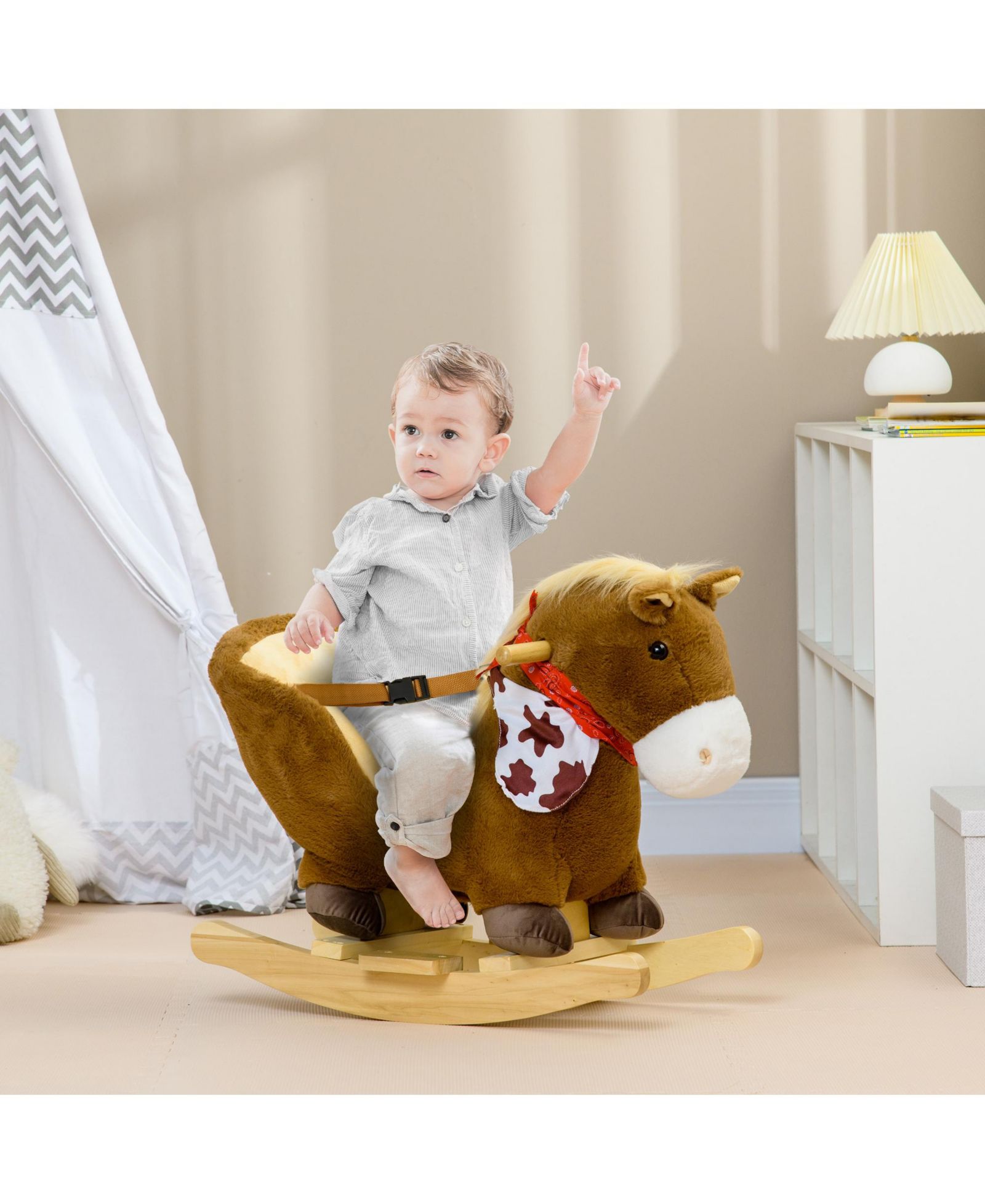 Качалка для малышей Qaba Baby Rocking Horse, Plush Animal Rocker с реалистичным звуком и педалями
