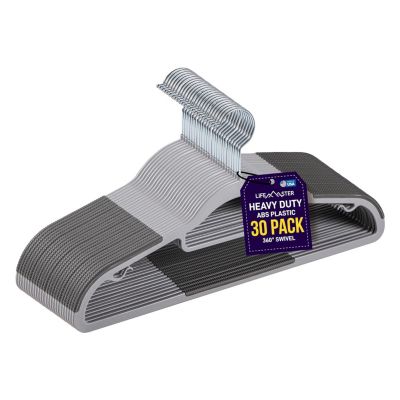 Bakken- Swiss Lifemaster Durable Non-Slip Clothes Hangers - Premium Set of 30 Sturdy Gray Plastic with Smooth 360° Swivel Hooks & Built-In Accessories Hang Coats Jackets and Expensive Garments Stress Free Hanging