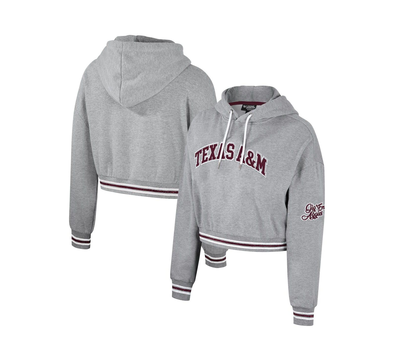 Women's The Wild Collective Heather Gray Distressed Texas A&M Aggies Cropped Shimmer Pullover Hoodie